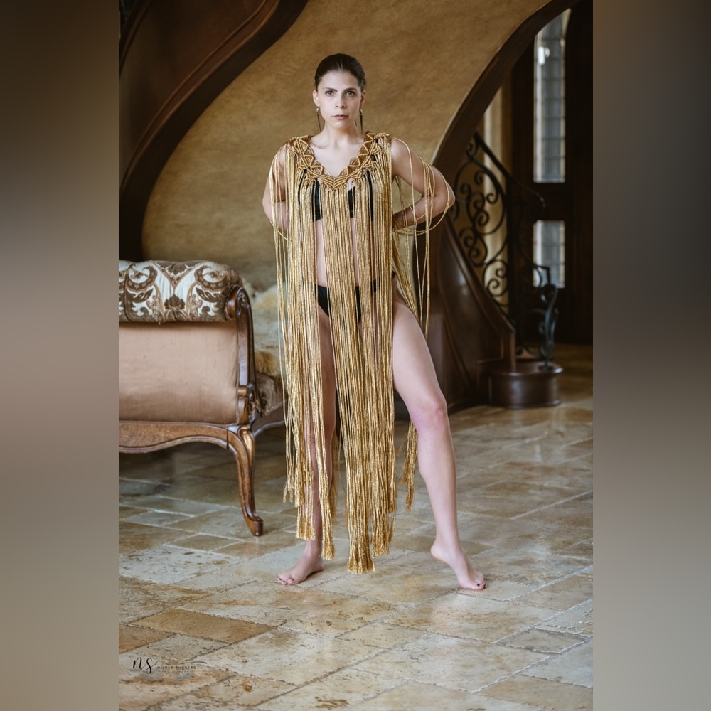 Original GoodVibeGoda Handmade Macramé Gold Fringe Women's Swim Cover-Up - Picture 5 of 9